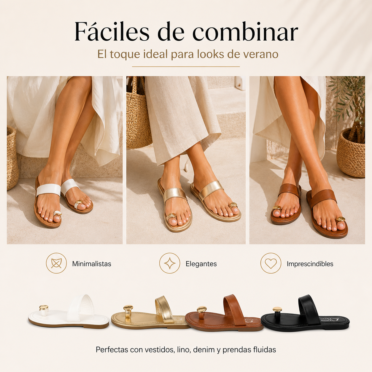 Sandalias planas tipo pala para mujer | Diseño dedo con detalle metálico | Cómodas, ligeras y elegantes para verano