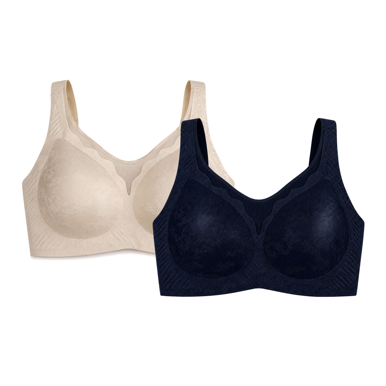PACK 2 Leticia Sujetador sin aros para mujer, cobertura completa, acabado jacquard con textura floral, tirantes ajustables y soporte cómodo para uso diario