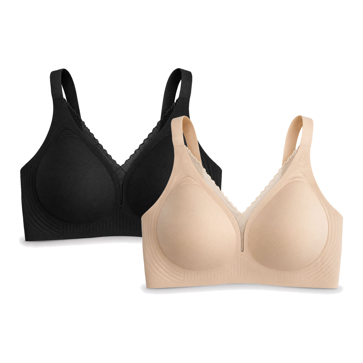PACK 2 Leticia Sujetador sin aros para mujer, copas moldeadas, escote con encaje, tirantes anchos ajustables y cierre trasero multiposición