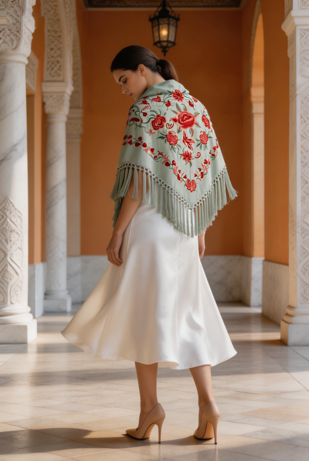 Manton de Flamenca Bordado – Ligero algodón 140X60  y con flecos corto 15cm