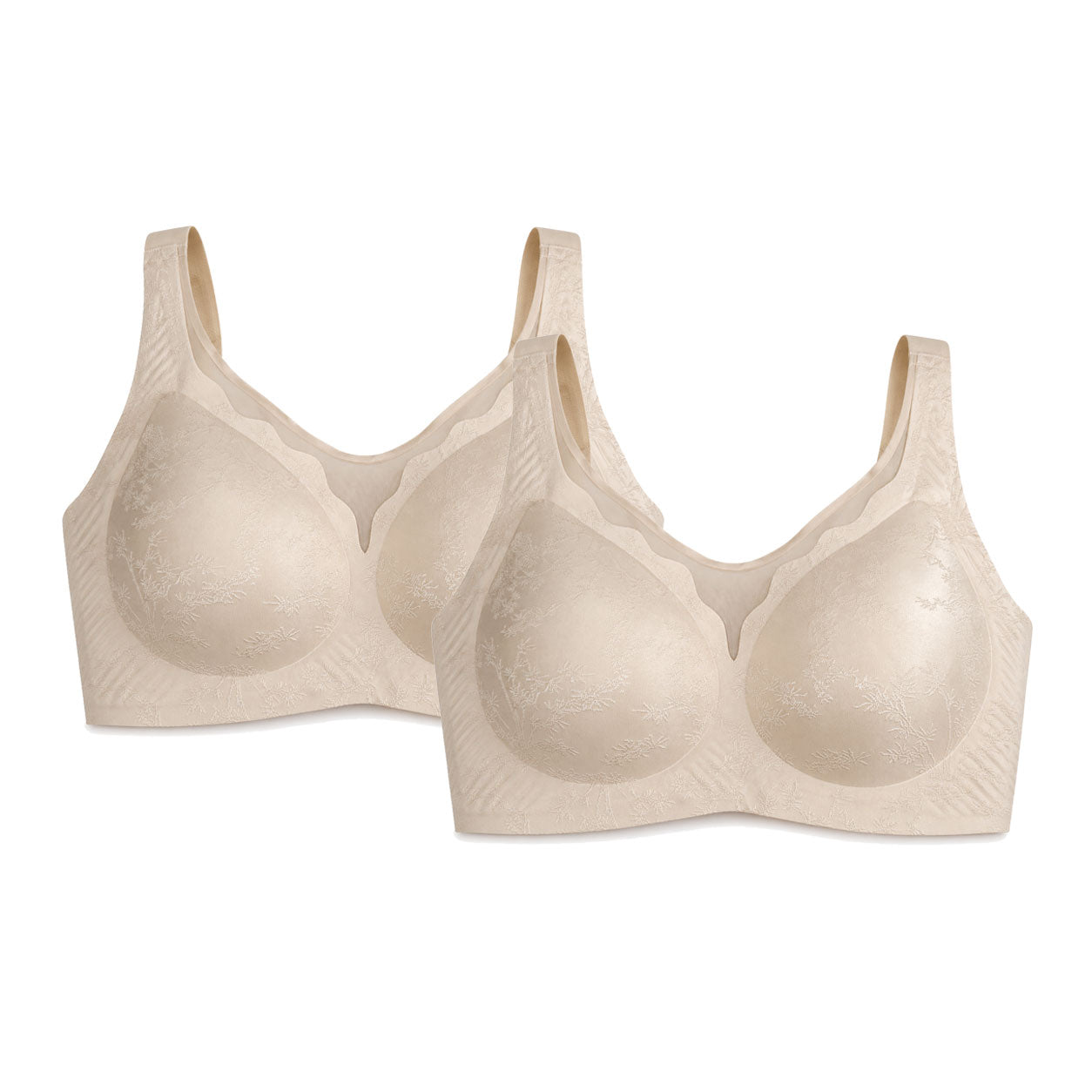 PACK 2 Leticia Sujetador sin aros para mujer, cobertura completa, acabado jacquard con textura floral, tirantes ajustables y soporte cómodo para uso diario