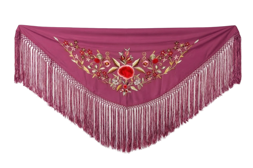 Súper oferta !Mantón Flamenco Bordado Clásico – de Chiffón 140 X 50 cm con flecos largos 30cm