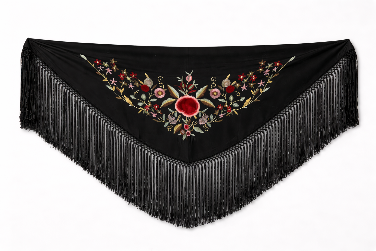 Mantón Flamenco Bordado Clásico – de Chiffón 140 X 50 cm con flecos largos 30cm
