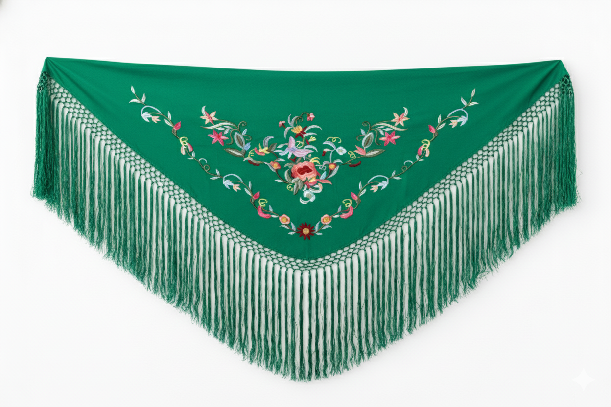 Mantón de Flamenca Clásica - de Chiffón 140 X 50 cm con flecos largos 30cm