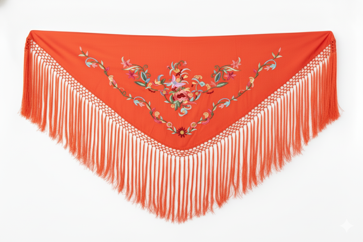 Mantón de Flamenca Clásica - de Chiffón 140 X 50 cm con flecos largos 30cm