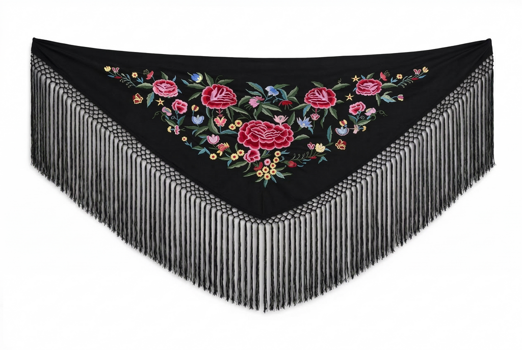 Mantón de Flamenco Bordado de Flores de Chiffón 140x50 con Flecos Largos 30cm