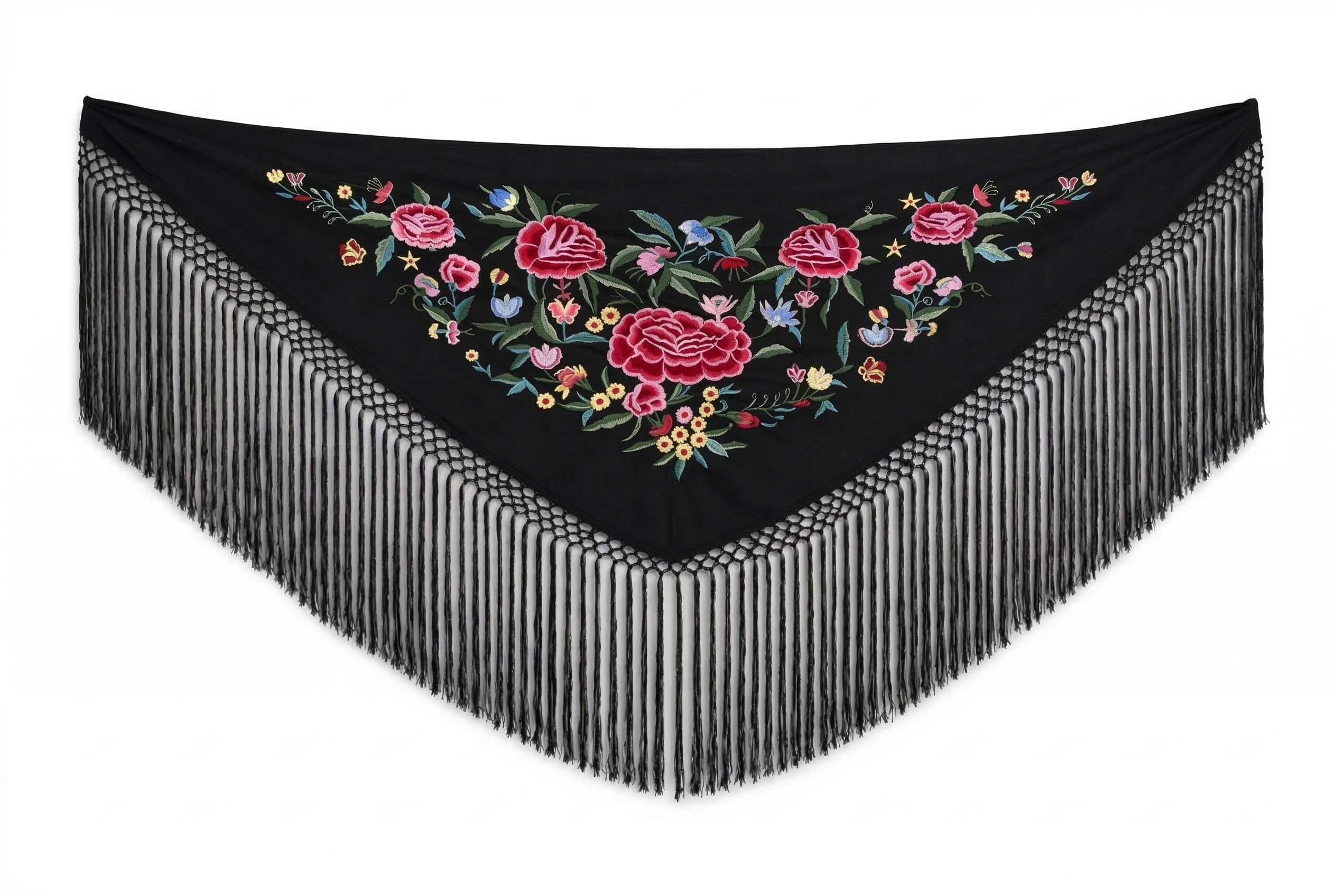 Mantón de Flamenco Bordado de Flores de Chiffón 140x50 con Flecos Largos 30cm