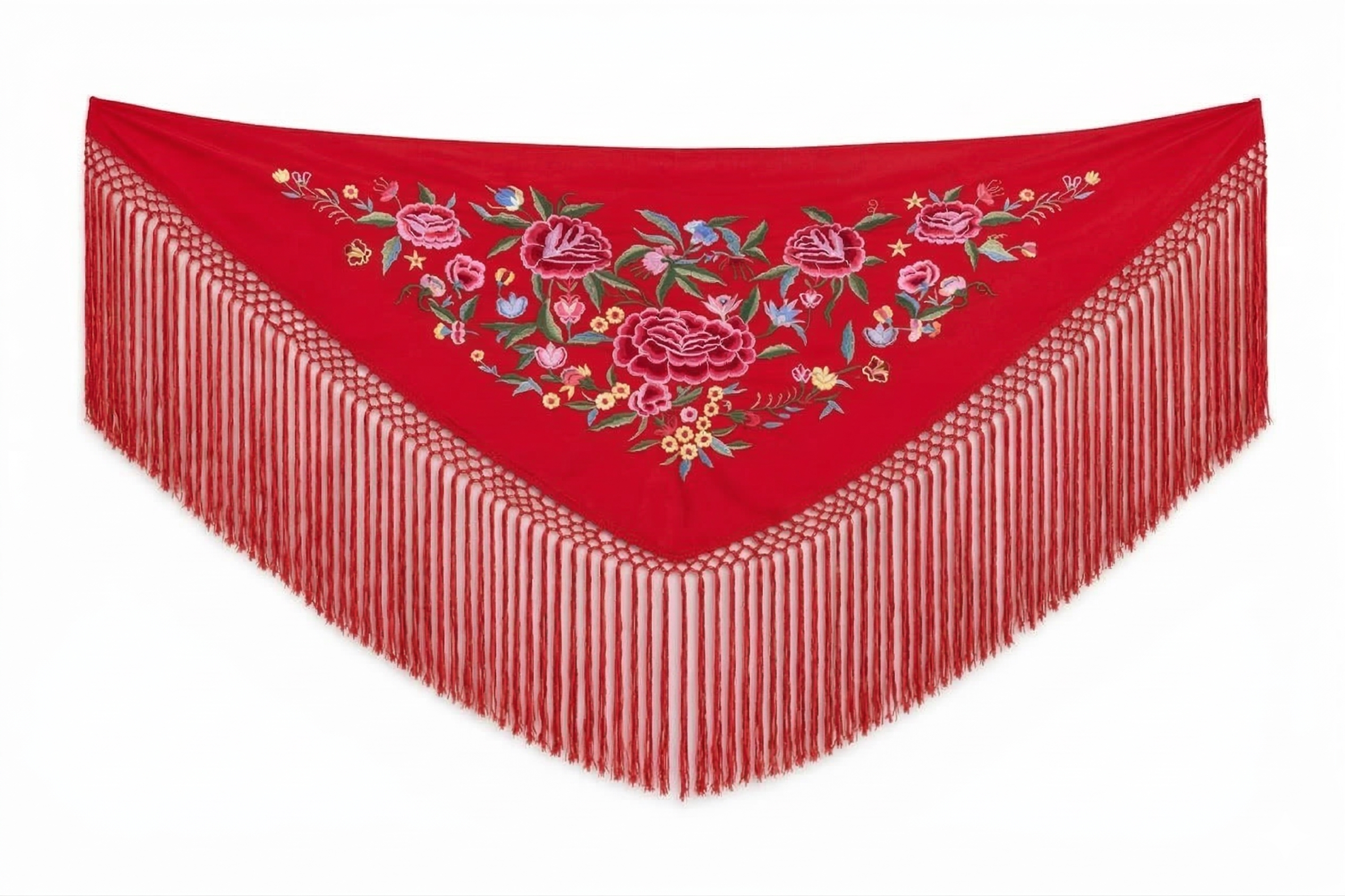 Mantón de Flamenco Bordado de Flores de Chiffón 140x50 con Flecos Largos 30cm