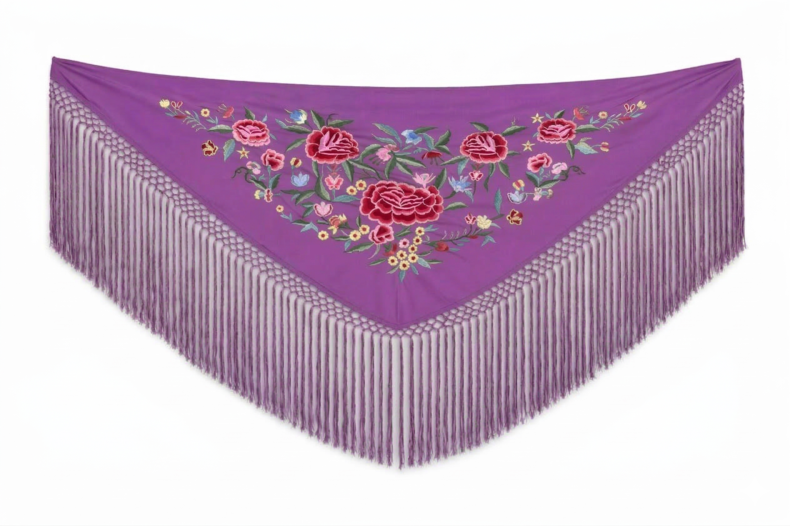 Mantón de Flamenco Bordado de Flores de Chiffón 140x50 con Flecos Largos 30cm