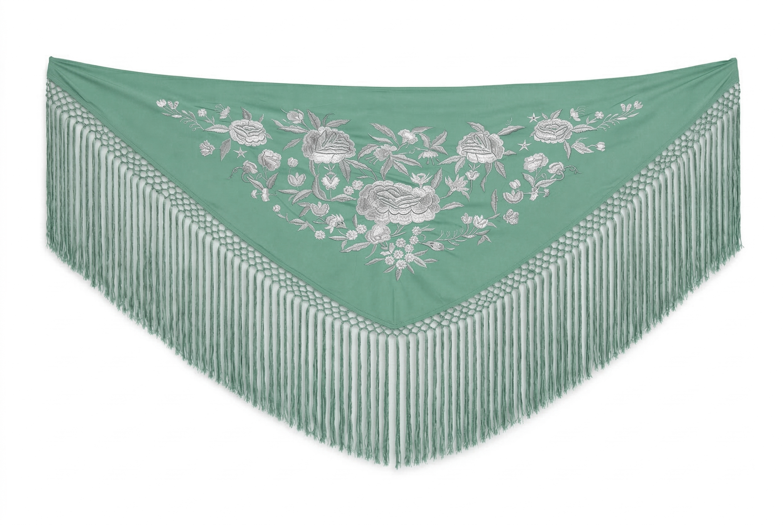 Mantón de Flamenco Bordado de Flores de Chiffón 140x50 con Flecos Largos 30cm