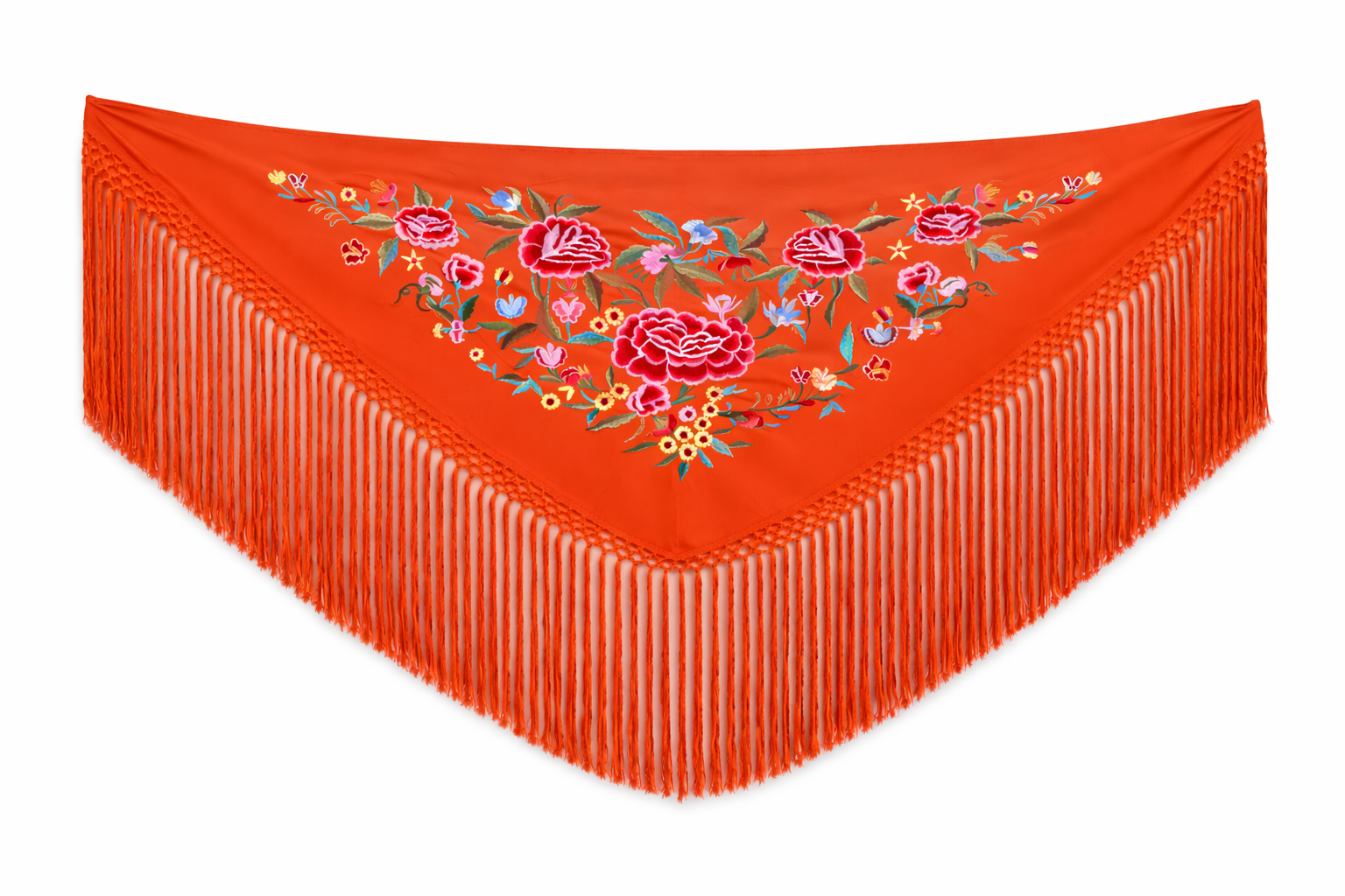 Mantón de Flamenco Bordado de Flores de Chiffón 140x50 con Flecos Largos 30cm