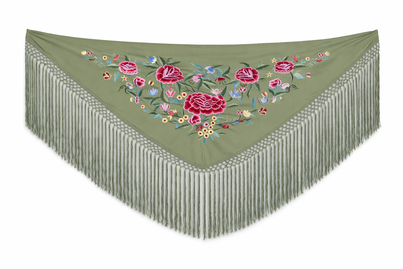 Mantón de Flamenco Bordado de Flores de Chiffón 140x50 con Flecos Largos 30cm