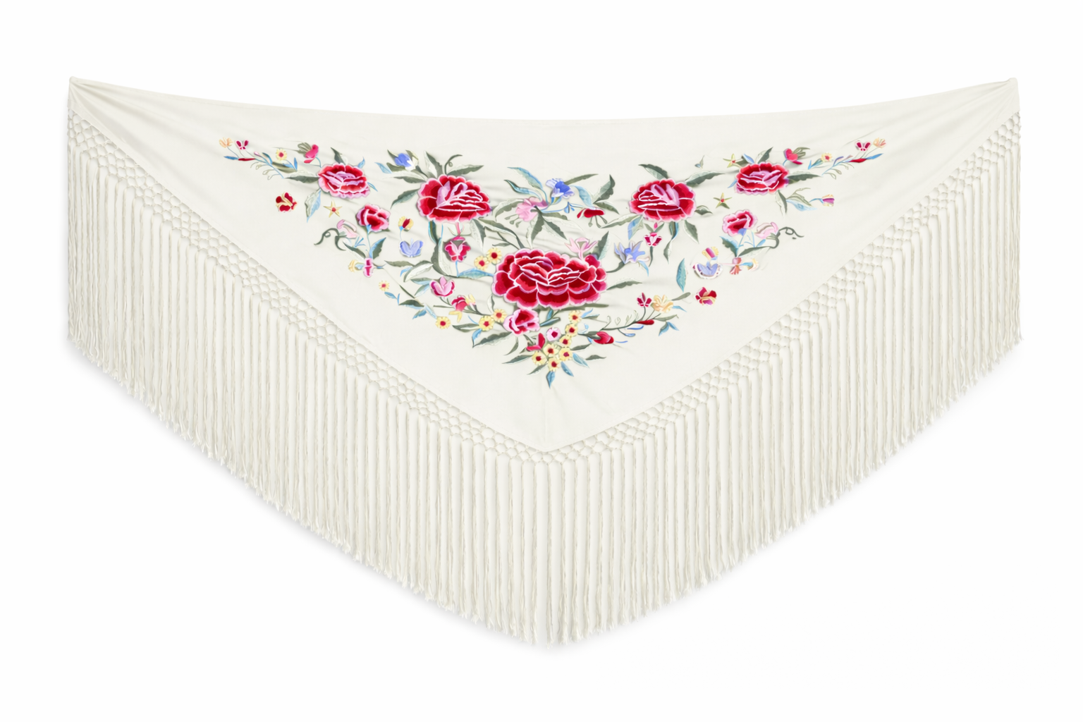Mantón de Flamenco Bordado de Flores de Chiffón 140x50 con Flecos Largos 30cm