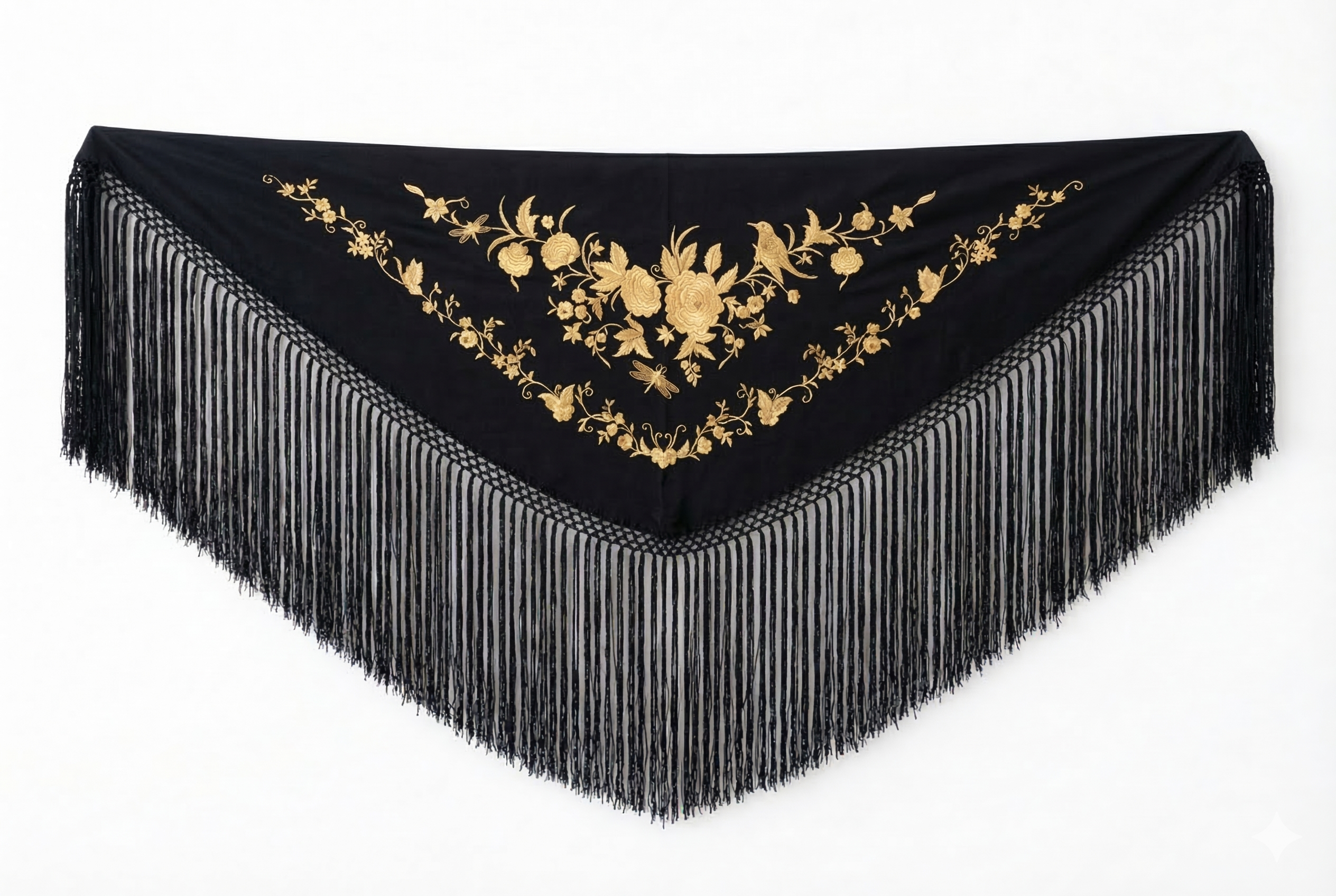 Mantón Flamenco Bordado Clásico – de Chiffón 140 X 50 cm con flecos largos 40cm