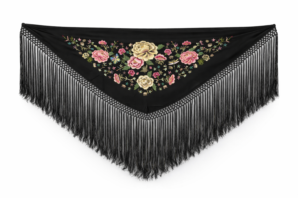 Mantón de Flamenco Bordado de Flores Doradas –  de Chiffón 140x50 con Flecos Largos 35cm