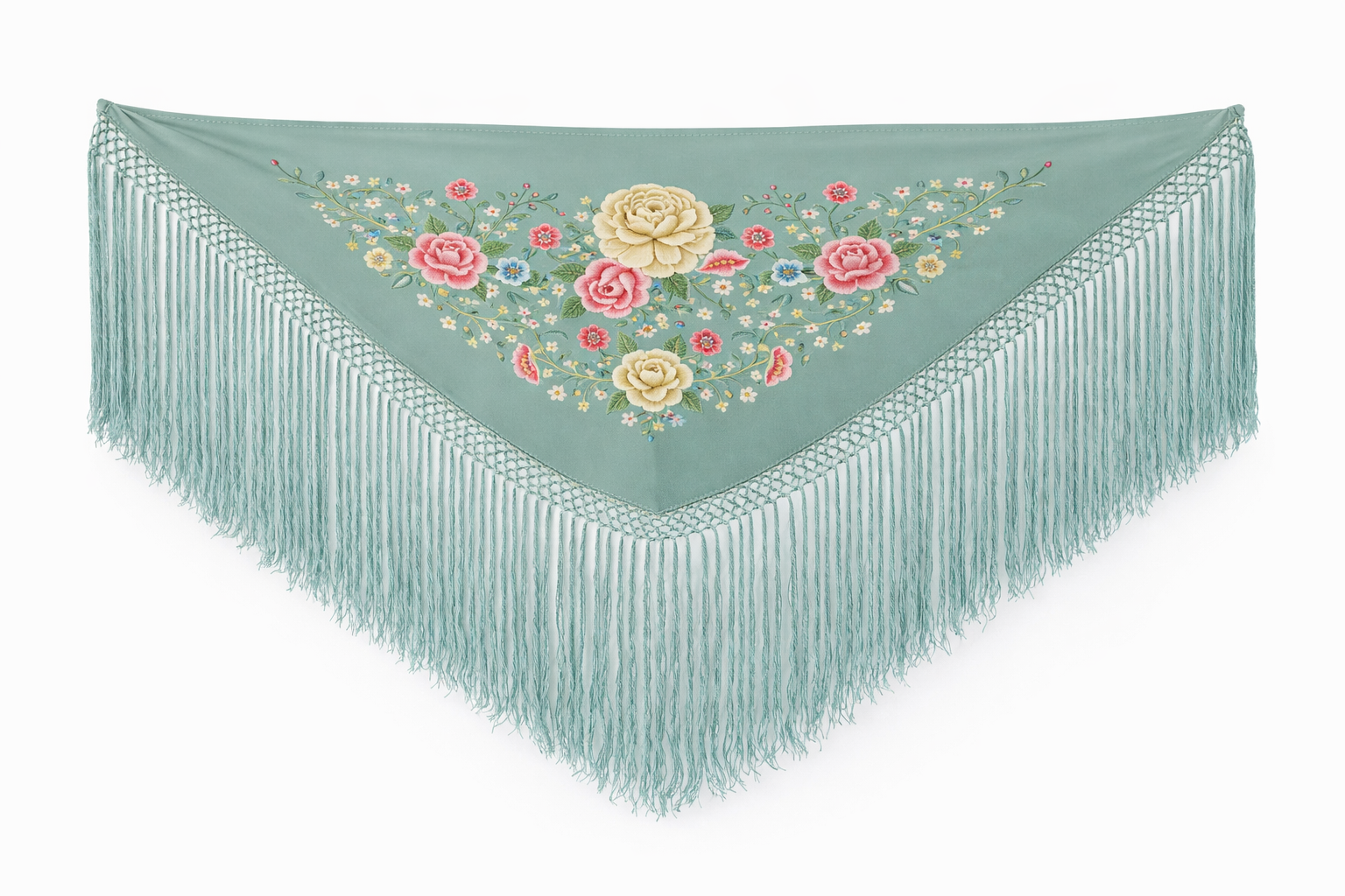 Mantón de Flamenco Bordado de Flores Doradas –  de Chiffón 140x50 con Flecos Largos 35cm