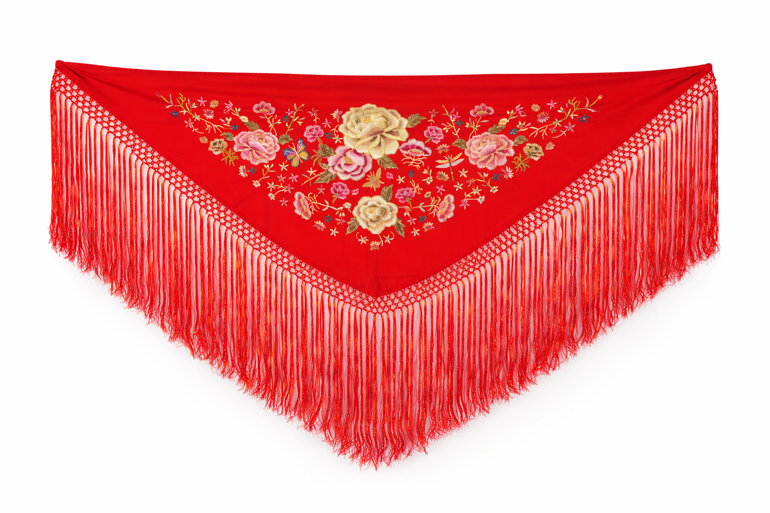 Mantón de Flamenco Bordado de Flores Doradas –  de Chiffón 140x50 con Flecos Largos 35cm