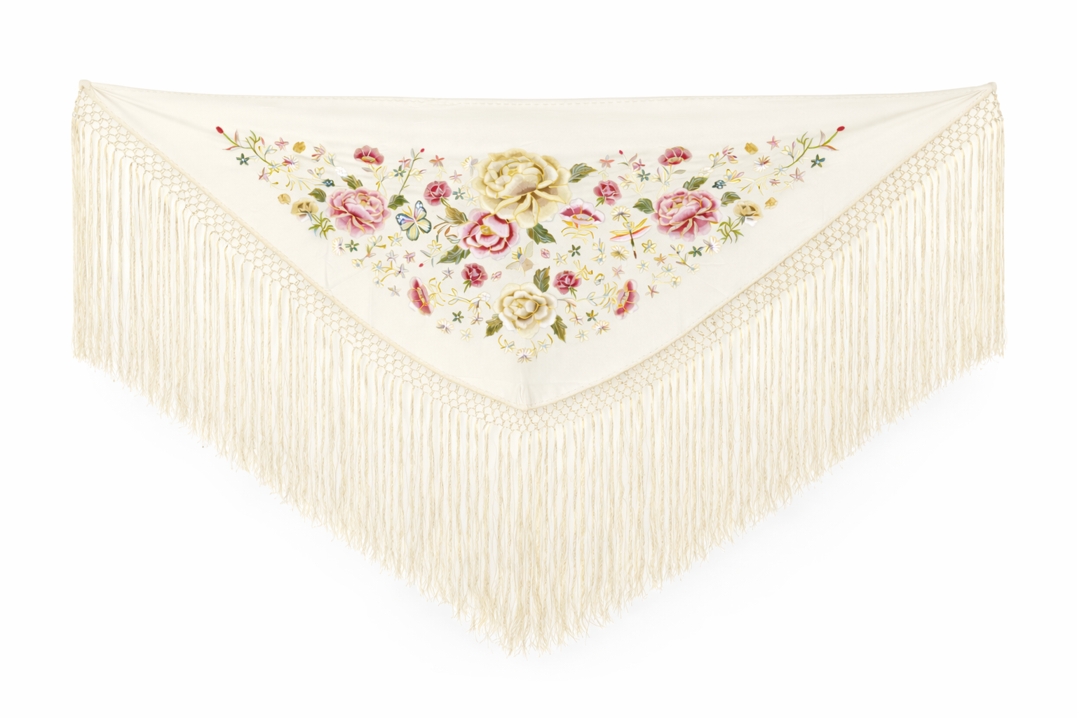 Mantón de Flamenco Bordado de Flores Doradas –  de Chiffón 140x50 con Flecos Largos 35cm