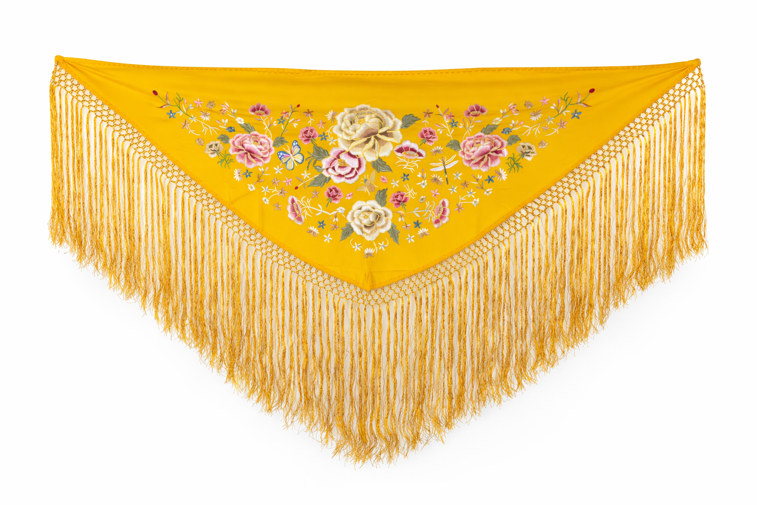 Mantón de Flamenco Bordado de Flores Doradas –  de Chiffón 140x50 con Flecos Largos 35cm