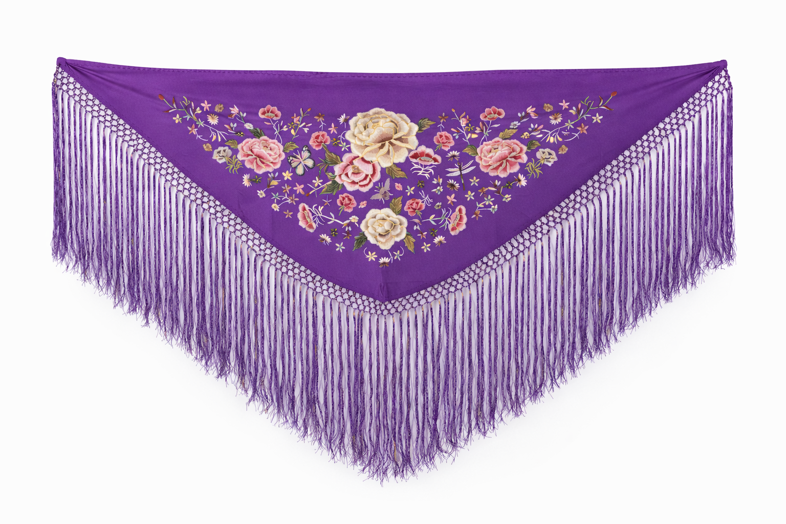 Mantón de Flamenco Bordado de Flores Doradas –  de Chiffón 140x50 con Flecos Largos 35cm