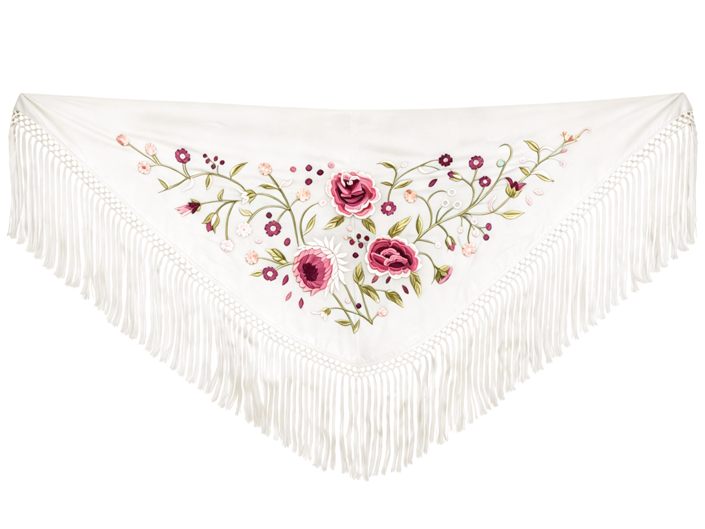 Súper oferta !Mantón de Flamenca Bordado de Rosas - de Chiffón 140 X 50 cm con flecos cortos 20cm