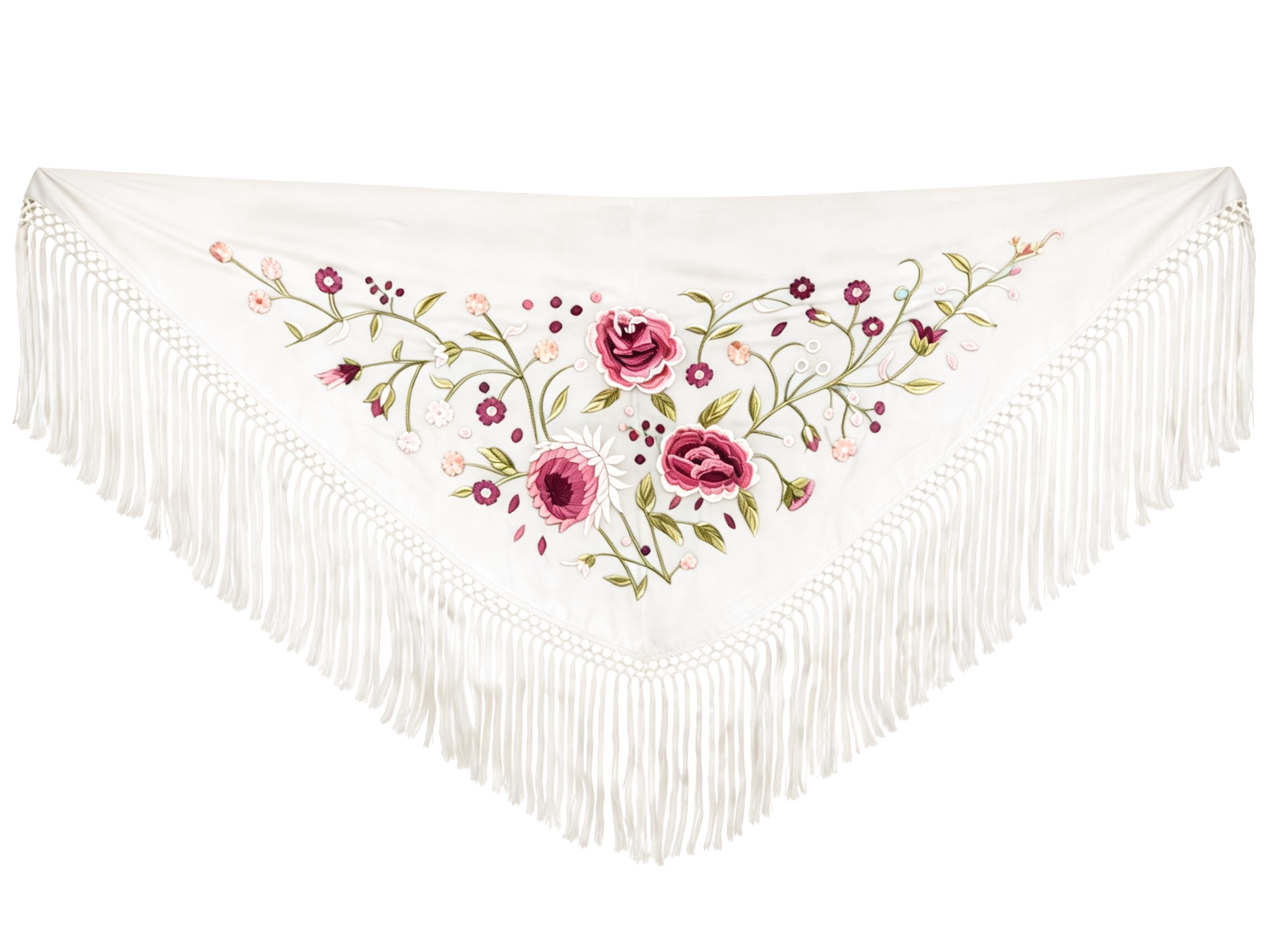Súper oferta !Mantón de Flamenca Bordado de Rosas - de Chiffón 140 X 50 cm con flecos cortos 20cm