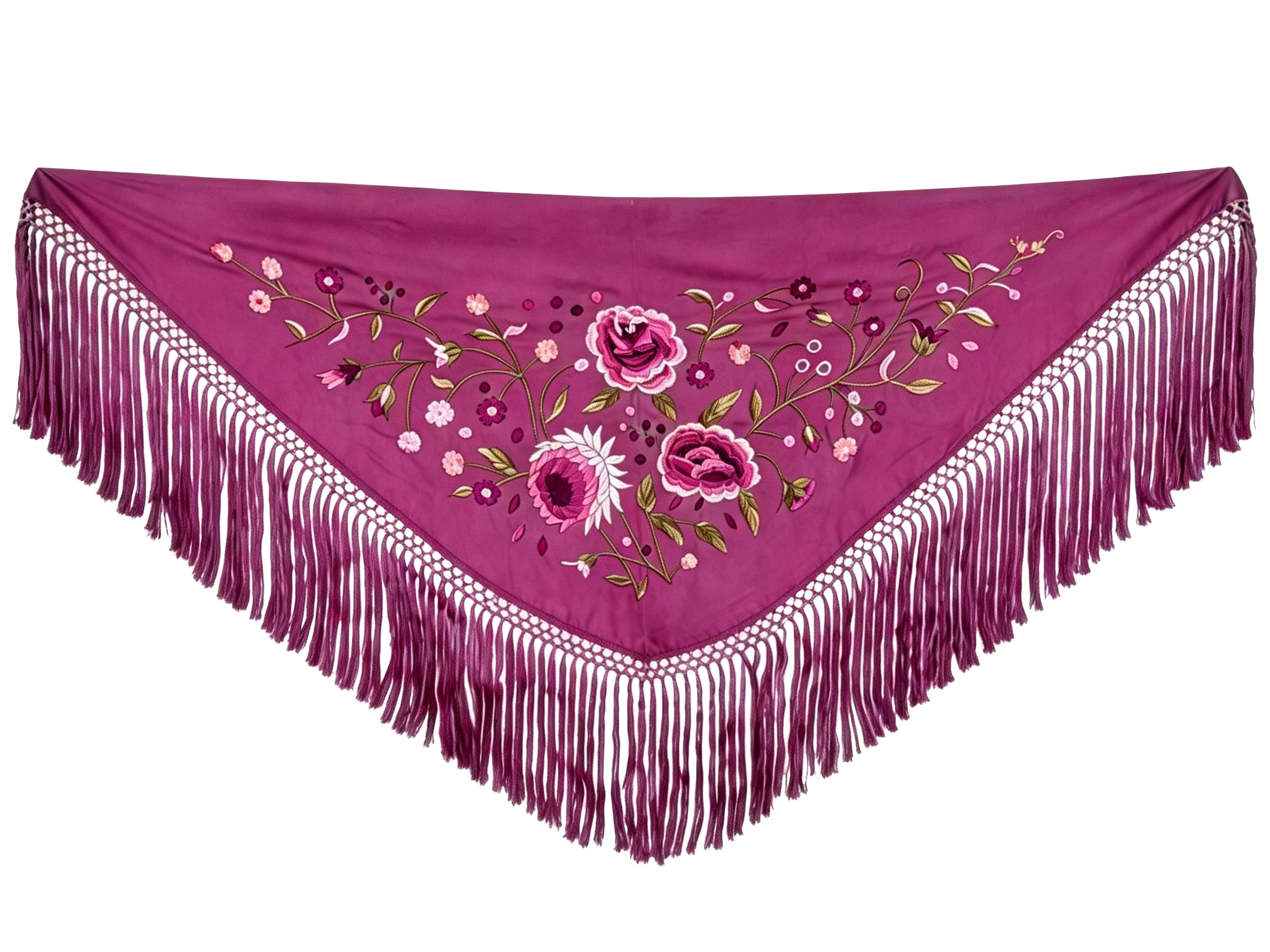 Mantón de Flamenca Bordado de Rosas - de Chiffón 140 X 50 cm con flecos cortos 20cm