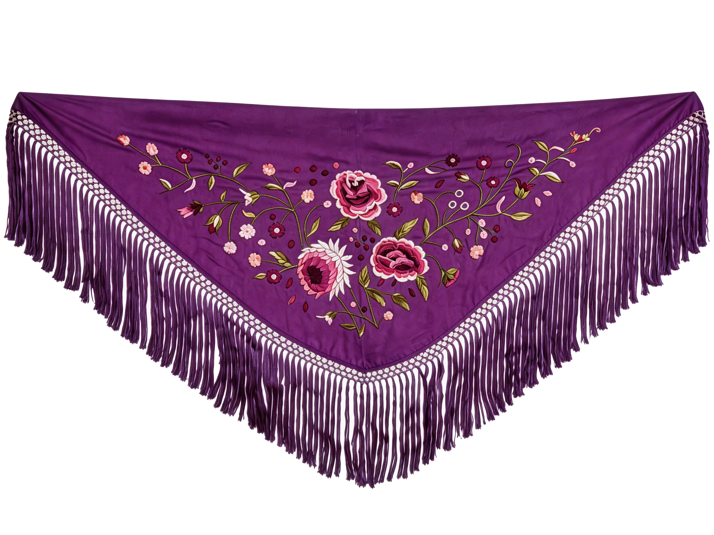 Mantón de Flamenca Bordado de Rosas - de Chiffón 140 X 50 cm con flecos cortos 20cm