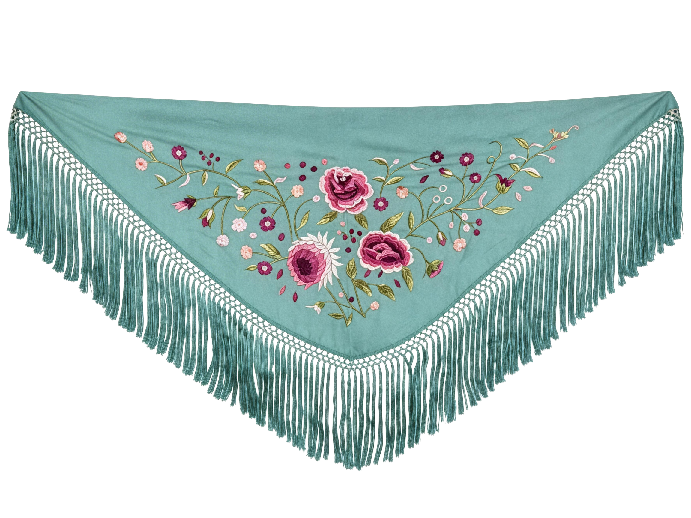 Mantón de Flamenca Bordado de Rosas - de Chiffón 140 X 50 cm con flecos cortos 20cm