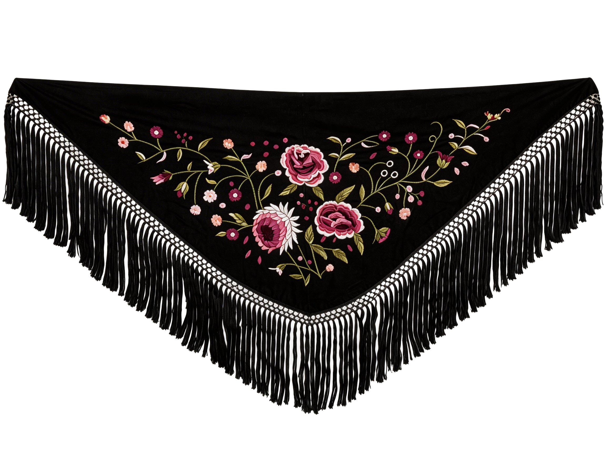 Mantón de Flamenca Bordado de Rosas - de Chiffón 140 X 50 cm con flecos cortos 20cm