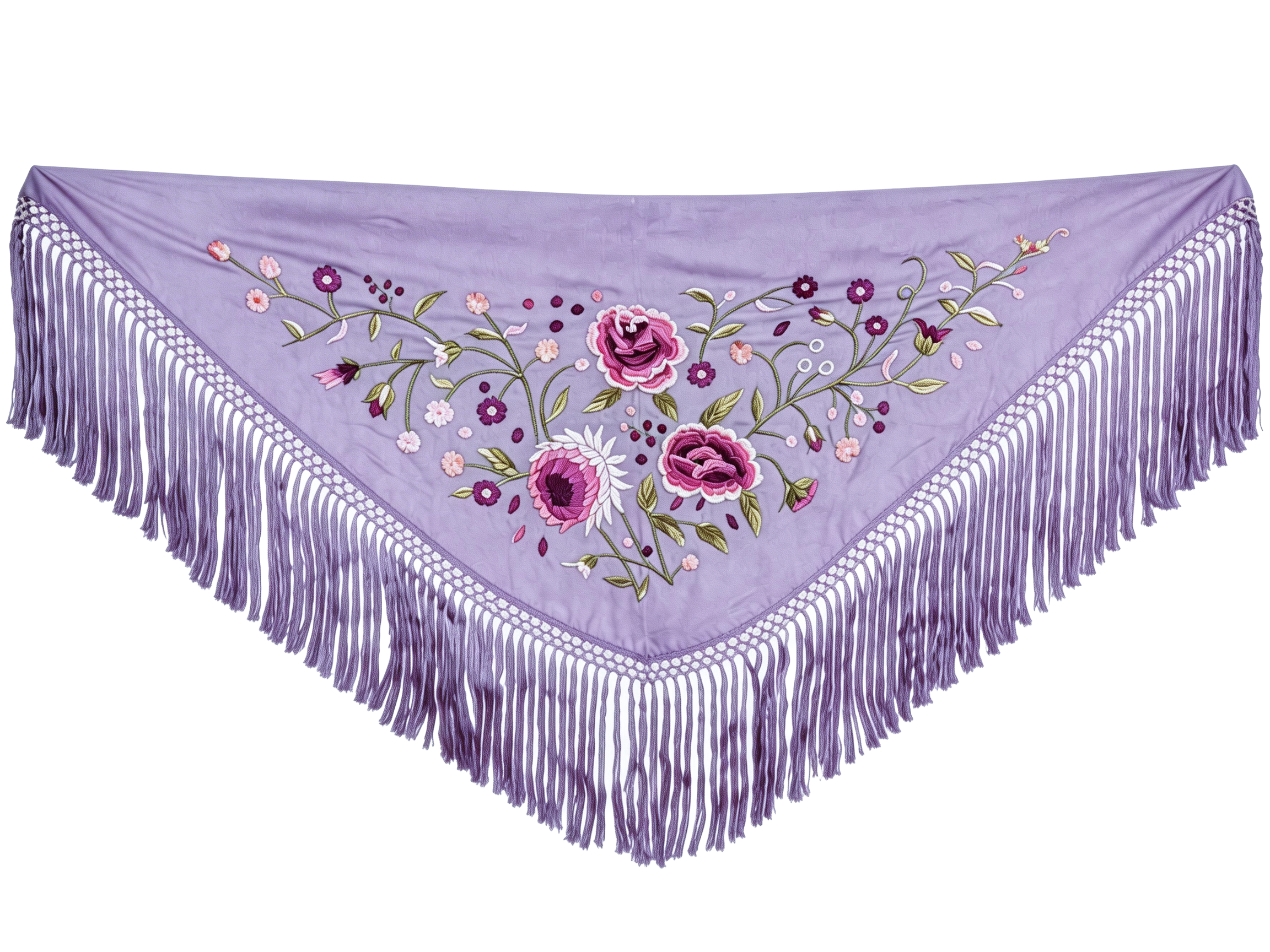 Mantón de Flamenca Bordado de Rosas - de Chiffón 140 X 50 cm con flecos cortos 20cm