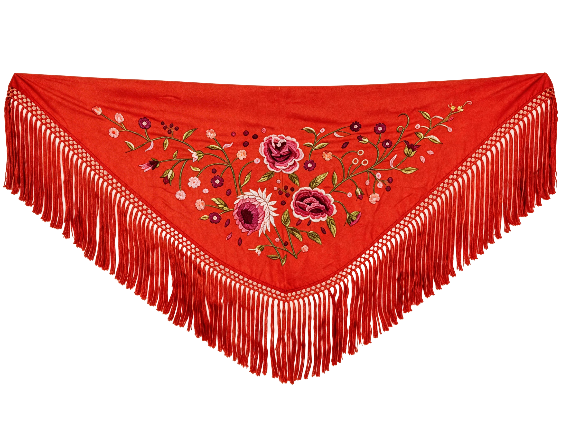 Mantón de Flamenca Bordado de Rosas - de Chiffón 140 X 50 cm con flecos cortos 20cm