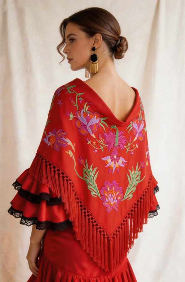 Manton de Flamenca Bordado Dalia – Ligero algodón 140X50  y con flecos 20cm