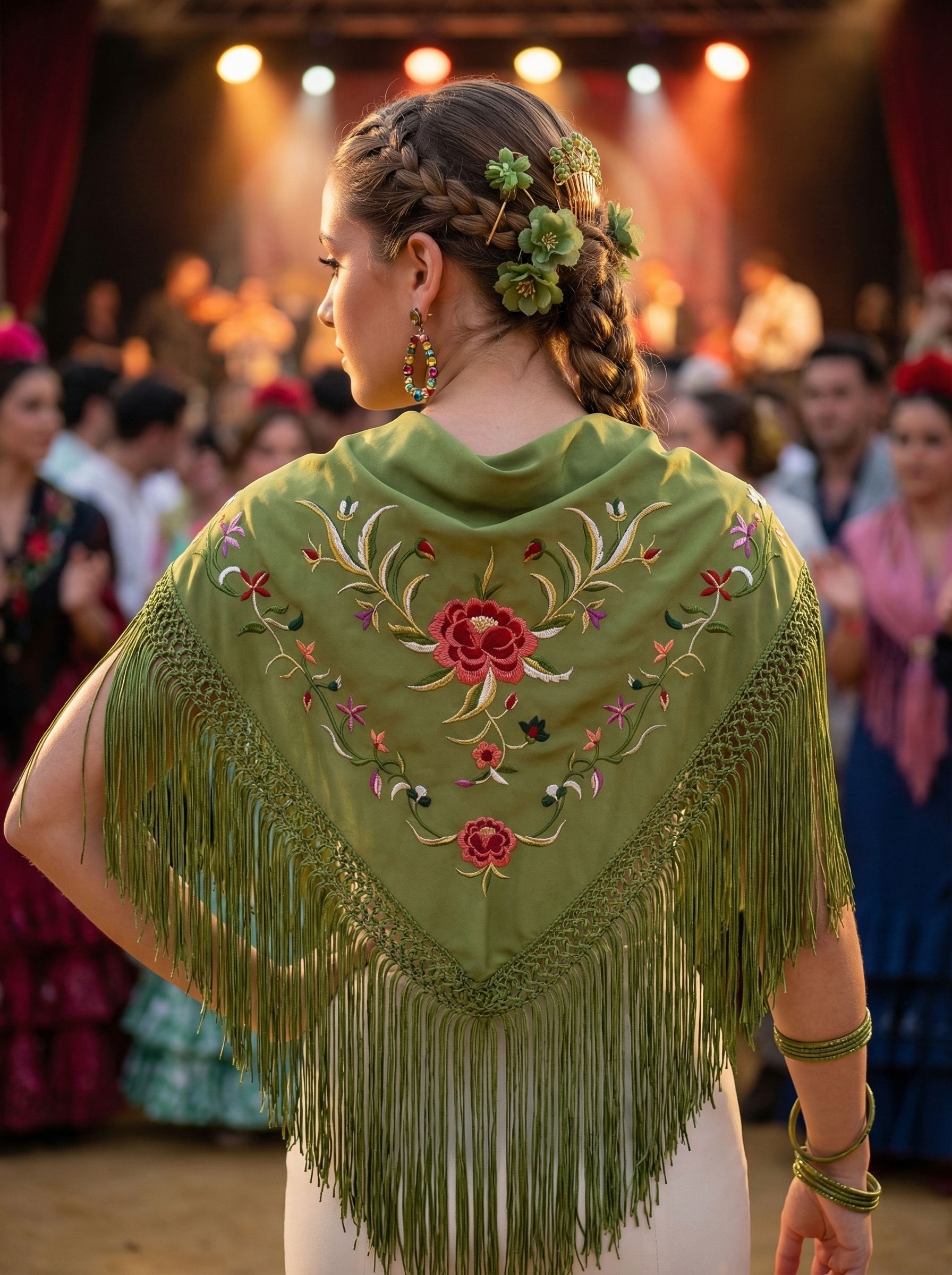 Mantón Flamenco Bordado Rosa para Baile Flamenco y Sevillanas – de Algodón 140 x 55cm con Flecos Largos 35 cm