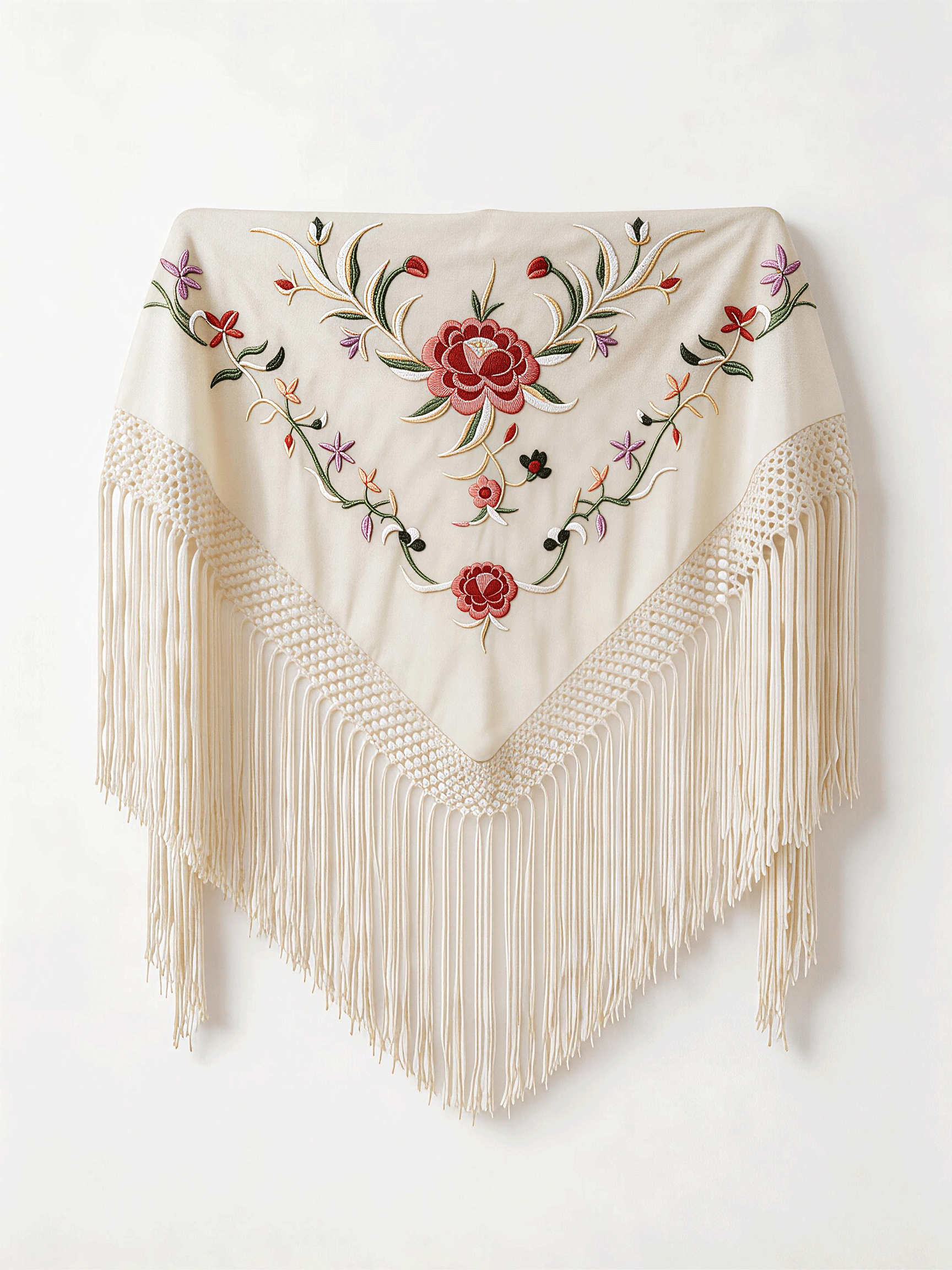 Mantón Flamenco Bordado Rosa para Baile Flamenco y Sevillanas – de Algodón 140 x 55cm con Flecos Largos 35 cm