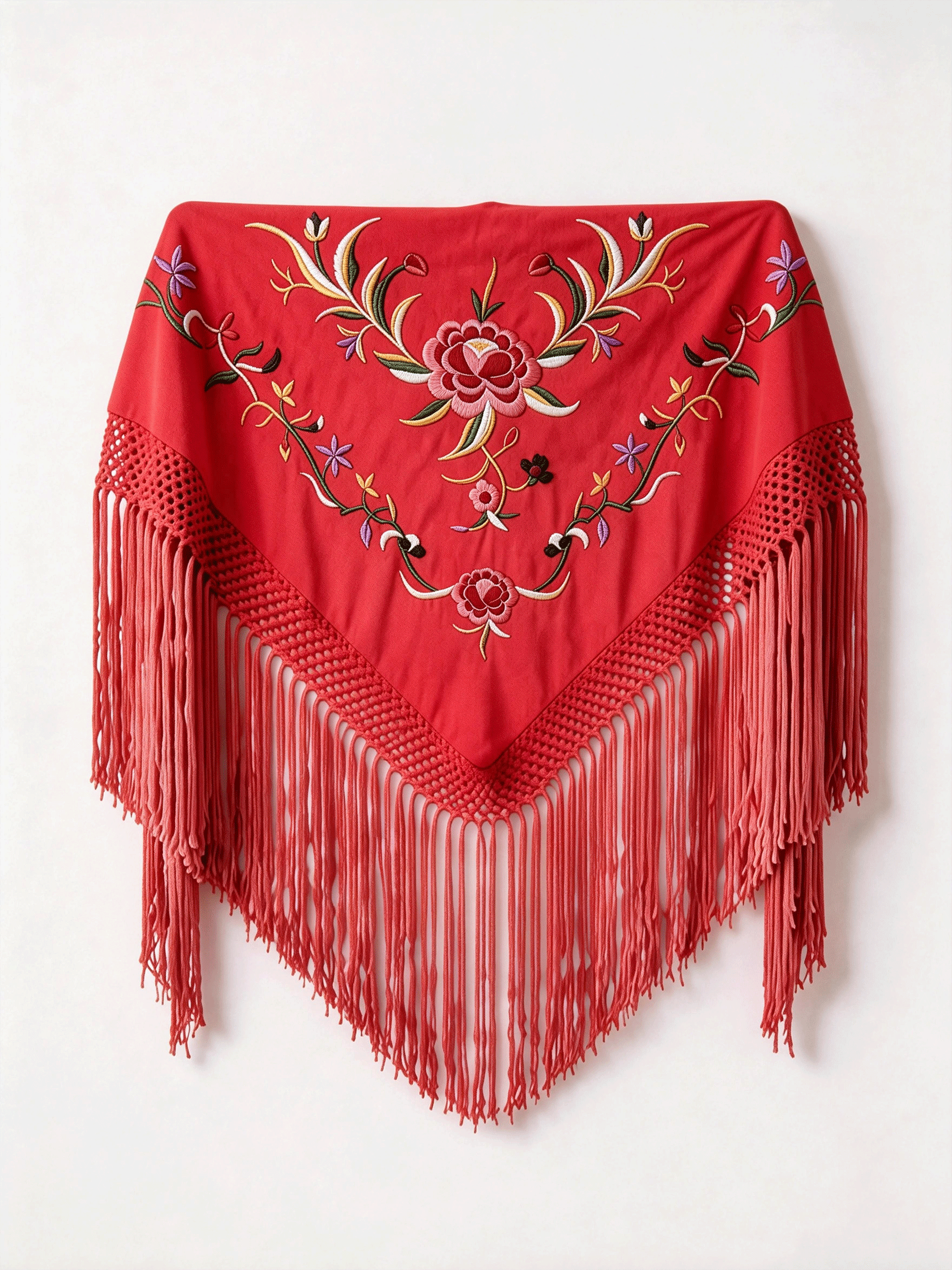 Mantón Flamenco Bordado Rosa para Baile Flamenco y Sevillanas – de Algodón 140 x 55cm con Flecos Largos 35 cm