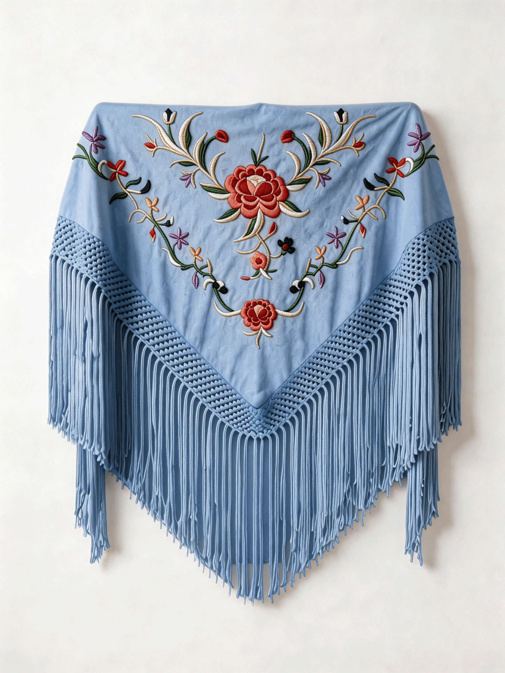 Mantón Flamenco Bordado Rosa para Baile Flamenco y Sevillanas – de Algodón 140 x 55cm con Flecos Largos 35 cm