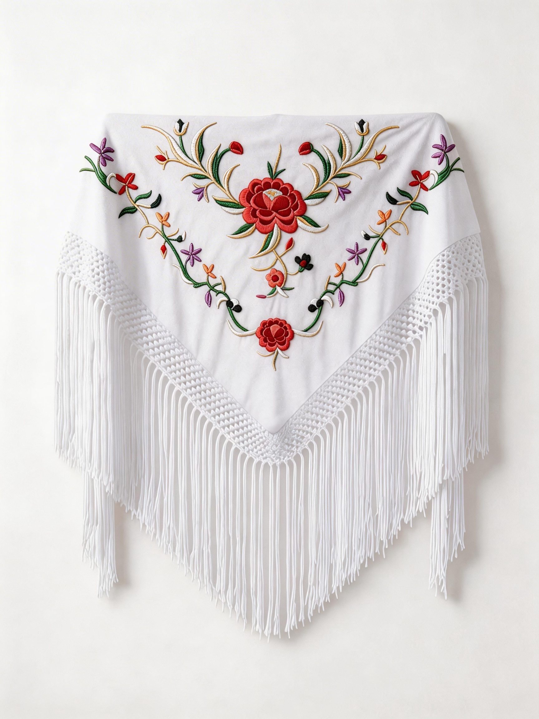 Mantón Flamenco Bordado Rosa para Baile Flamenco y Sevillanas – de Algodón 140 x 55cm con Flecos Largos 35 cm