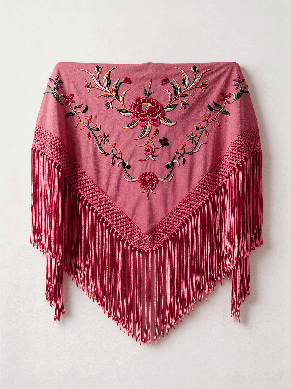 Mantón Flamenco Bordado Rosa para Baile Flamenco y Sevillanas – de Algodón 140 x 55cm con Flecos Largos 35 cm