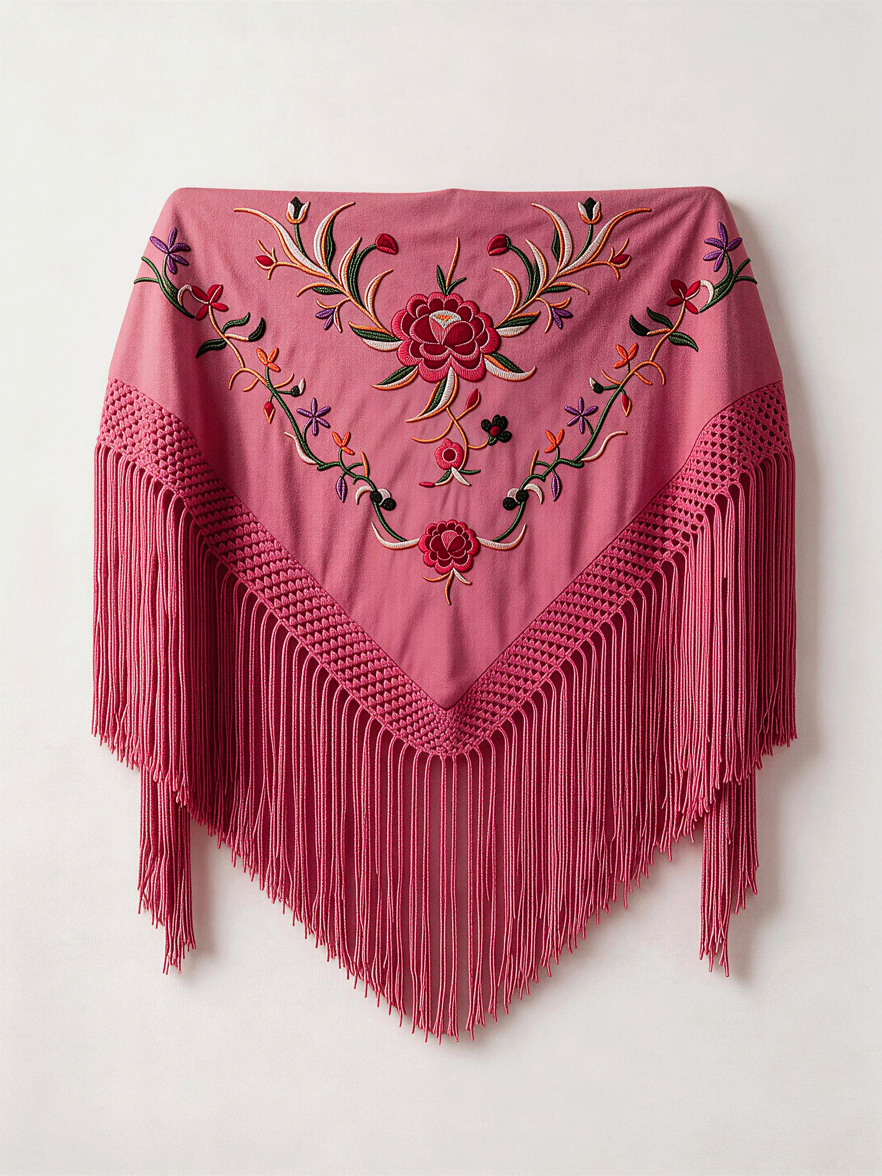 Mantón Flamenco Bordado Rosa para Baile Flamenco y Sevillanas – de Algodón 140 x 55cm con Flecos Largos 35 cm