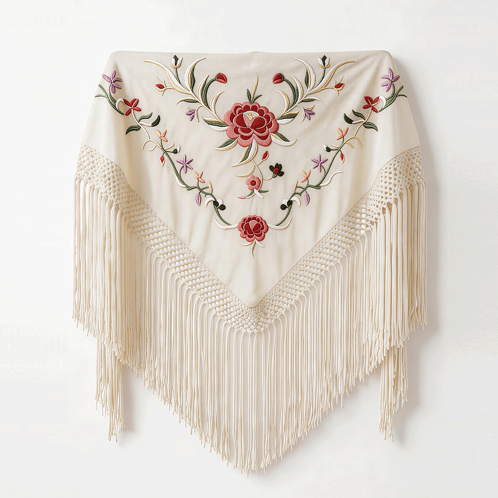 Mantón Flamenco Bordado Rosa para Baile Flamenco y Sevillanas – de Algodón 140 x 55cm con Flecos Largos 35 cm