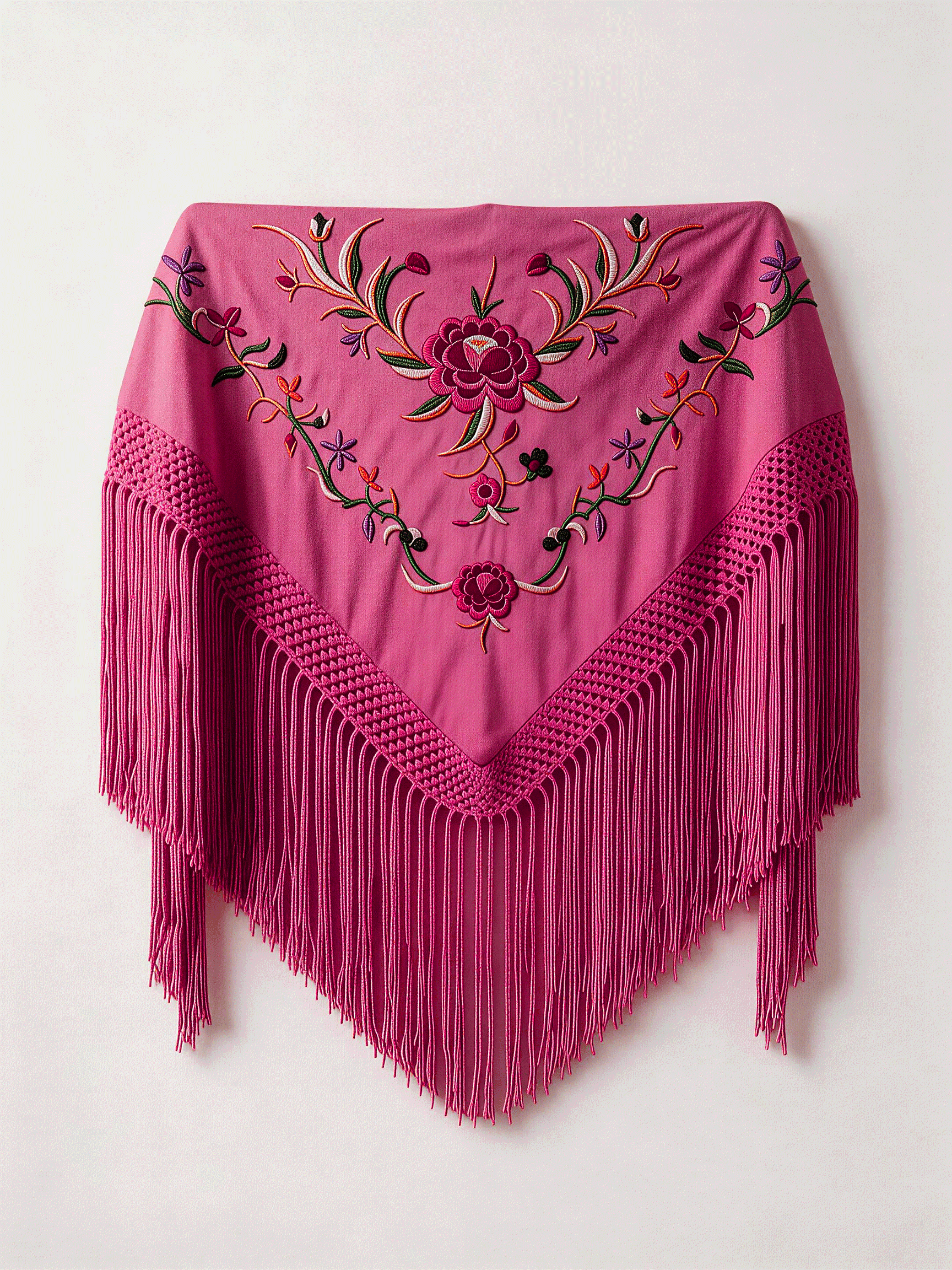 Mantón Flamenco Bordado Rosa para Baile Flamenco y Sevillanas – de Algodón 140 x 55cm con Flecos Largos 35 cm