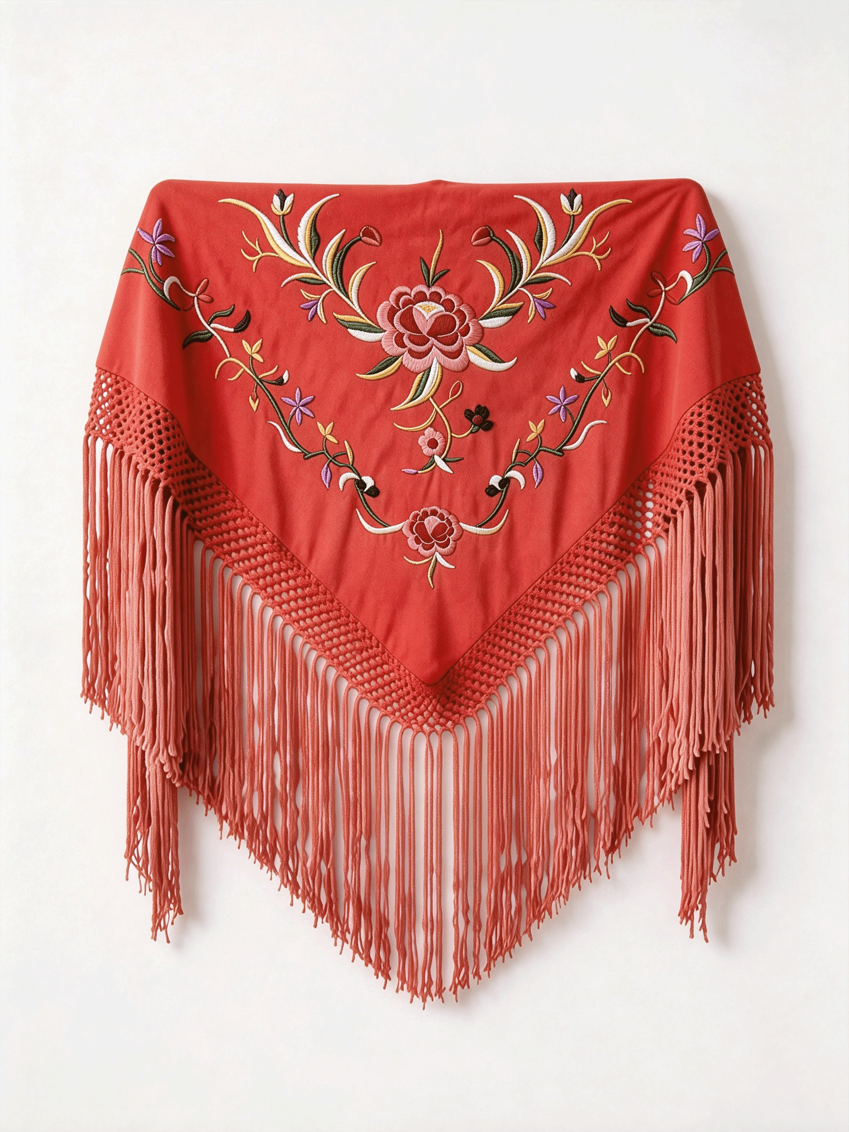 Mantón Flamenco Bordado Rosa para Baile Flamenco y Sevillanas – de Algodón 140 x 55cm con Flecos Largos 35 cm