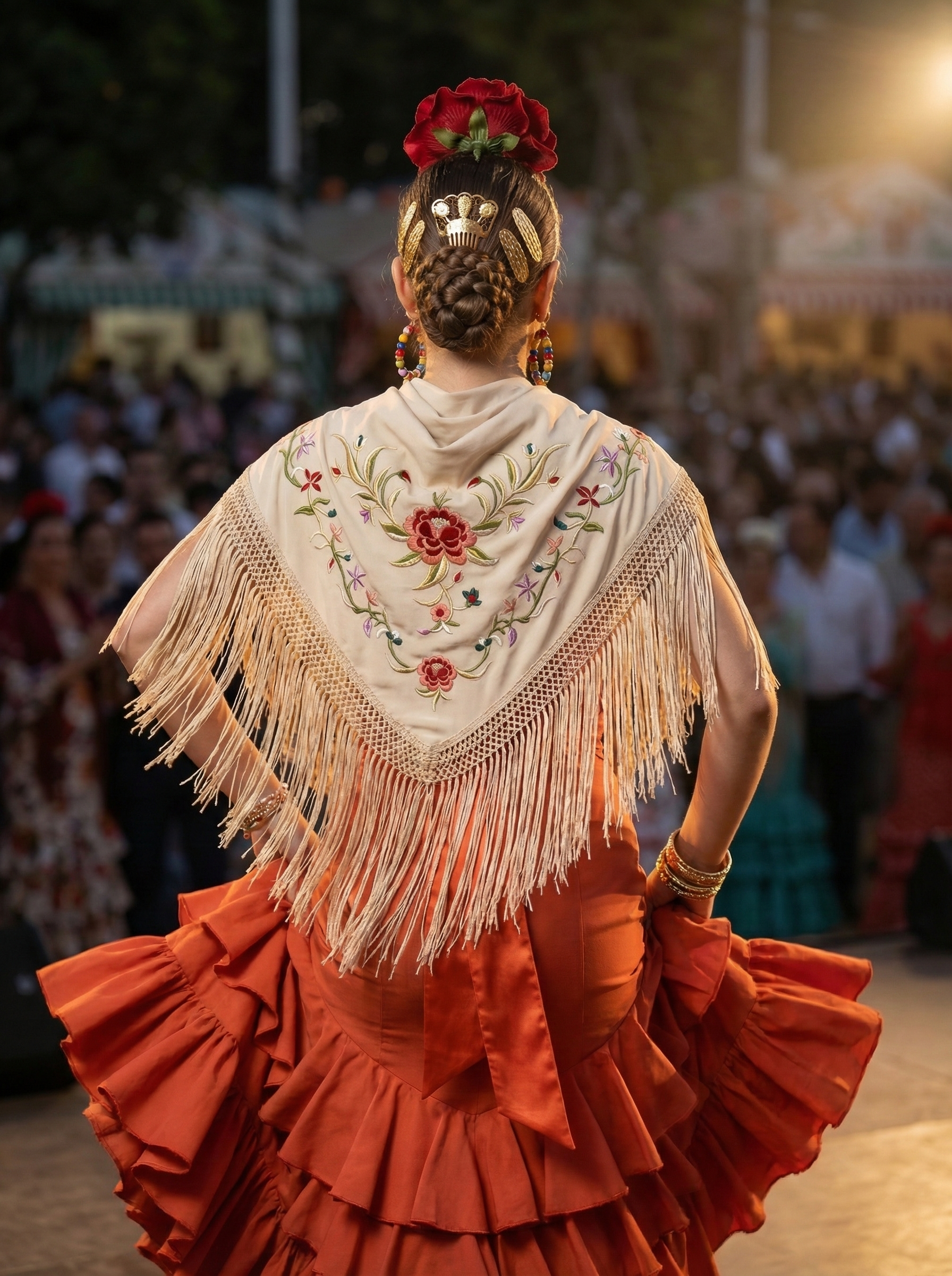 Mantón Flamenco Bordado Rosa para Baile Flamenco y Sevillanas – de Algodón 140 x 55cm con Flecos Largos 35 cm