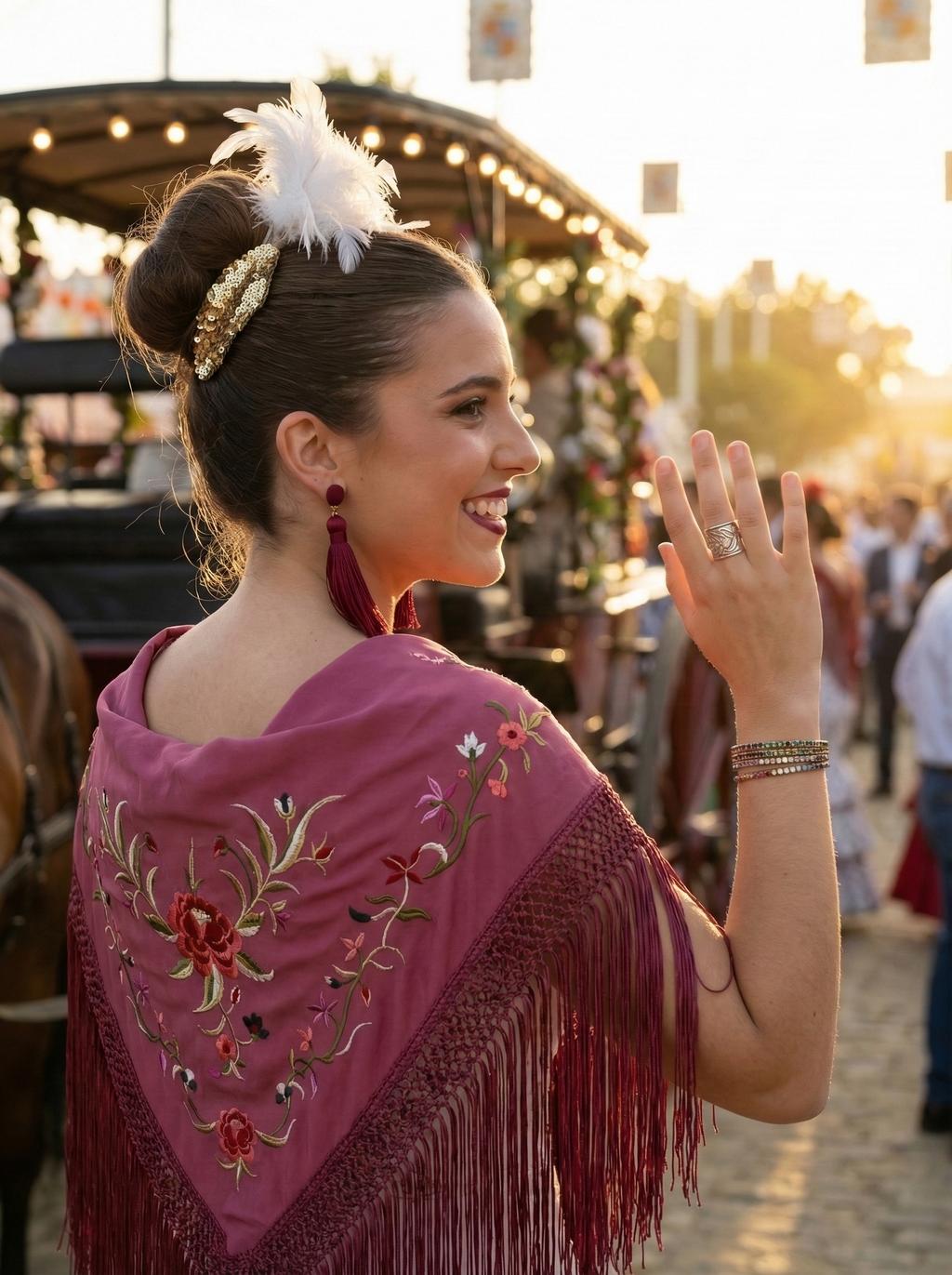 Mantón Flamenco Bordado Rosa para Baile Flamenco y Sevillanas – de Algodón 140 x 55cm con Flecos Largos 35 cm