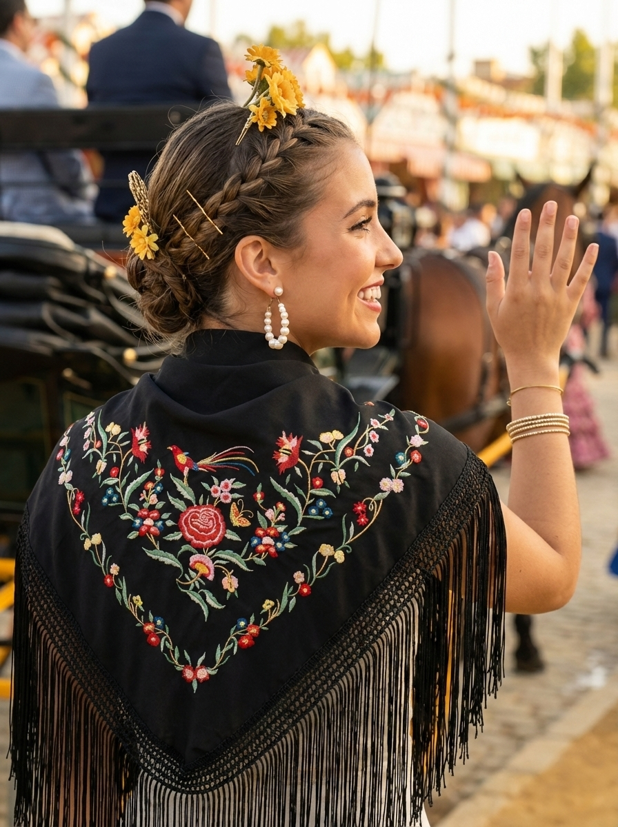 Mantón Flamenco Bordado  para Baile Flamenco y Sevillanas – de Algodón 140 x 50 cm  con Flecos Largos 40 cm