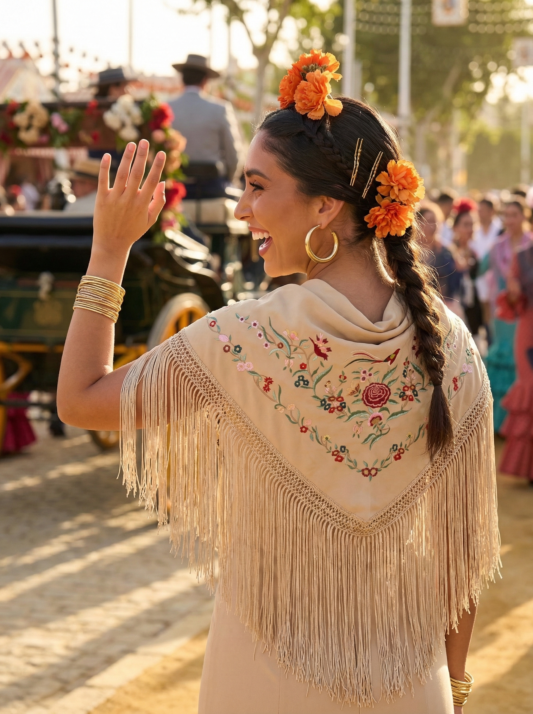 Mantón Flamenco Bordado  para Baile Flamenco y Sevillanas – de Algodón 140 x 50 cm  con Flecos Largos 40 cm