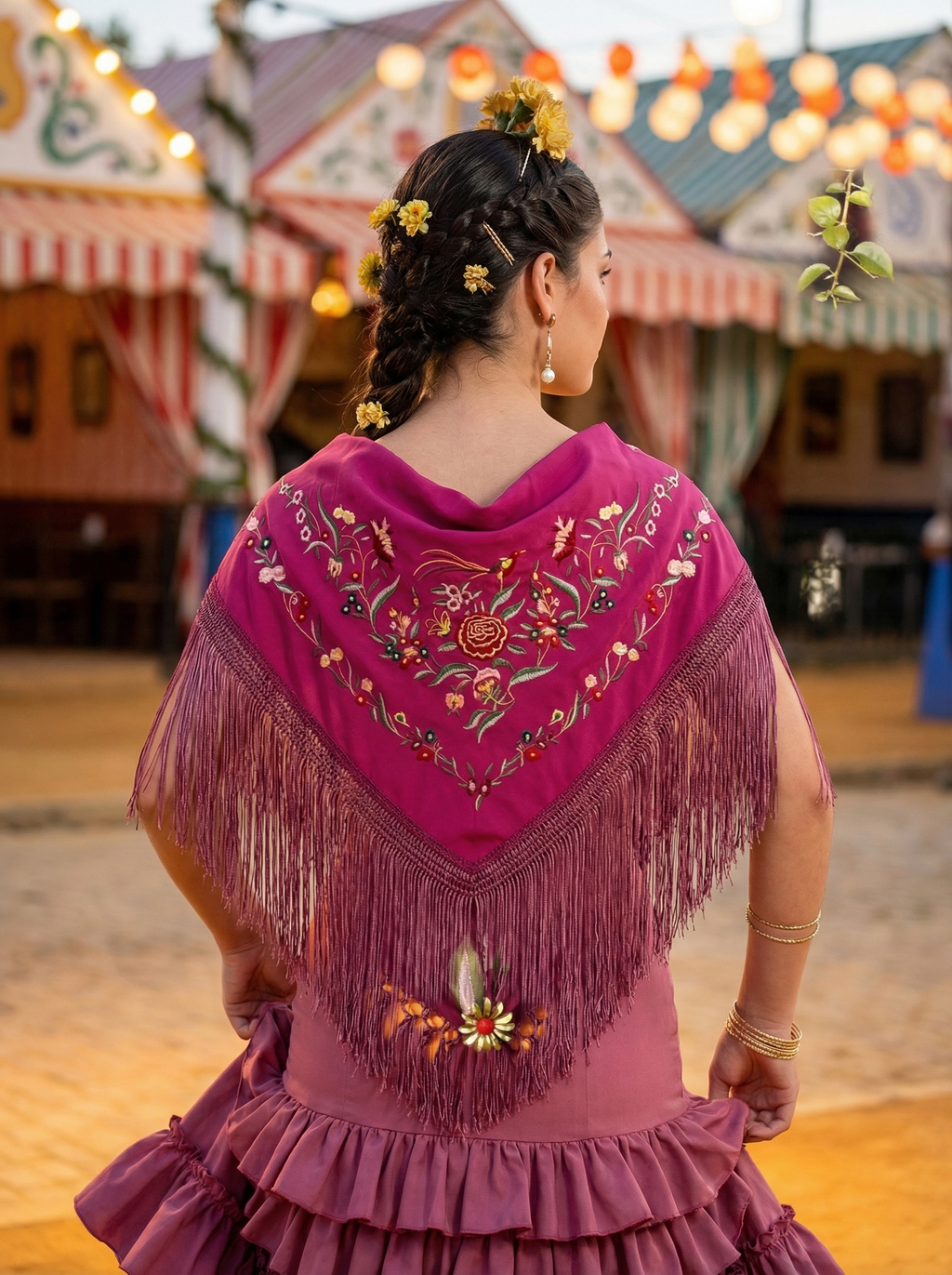 Mantón Flamenco Bordado  para Baile Flamenco y Sevillanas – de Algodón 140 x 50 cm  con Flecos Largos 40 cm