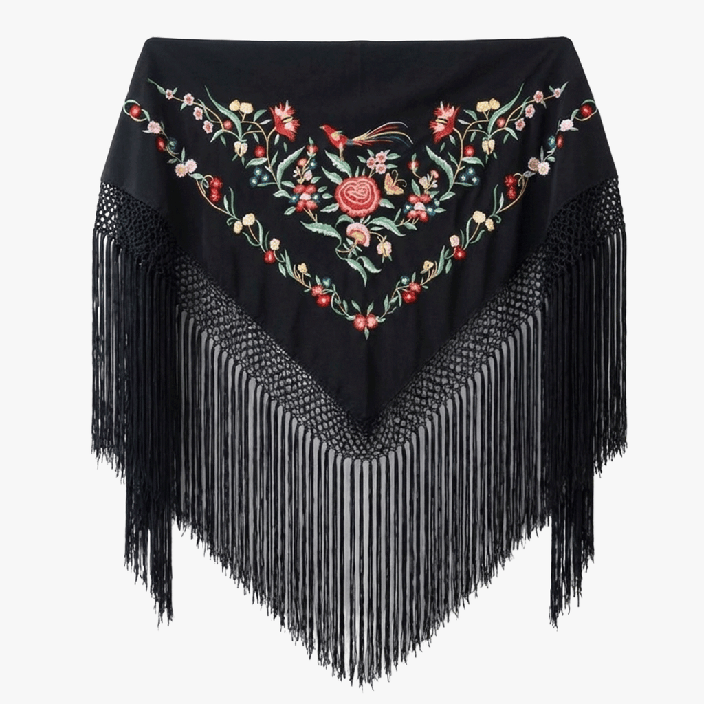 Mantón Flamenco Bordado  para Baile Flamenco y Sevillanas – de Algodón 140 x 50 cm  con Flecos Largos 40 cm
