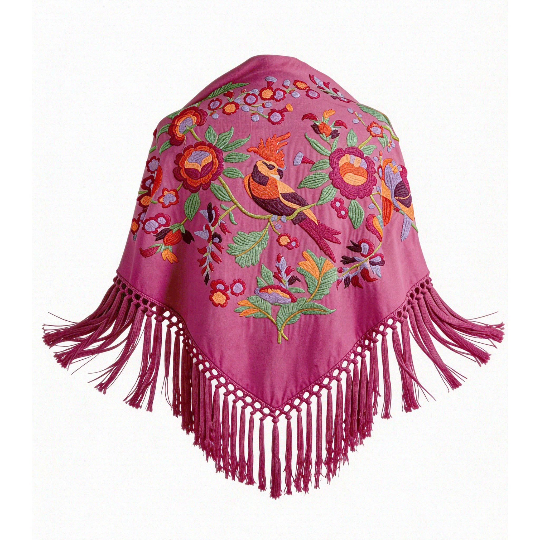 Mantón de Flamenca bordado multicolor o liso – Colección Loro y Flores de algodón 140x50 con flecos corto 20cm